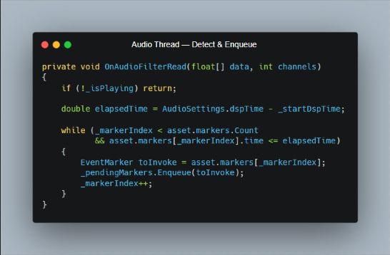 C sharp source code showing markers enqueued from OnAudioFilterRead